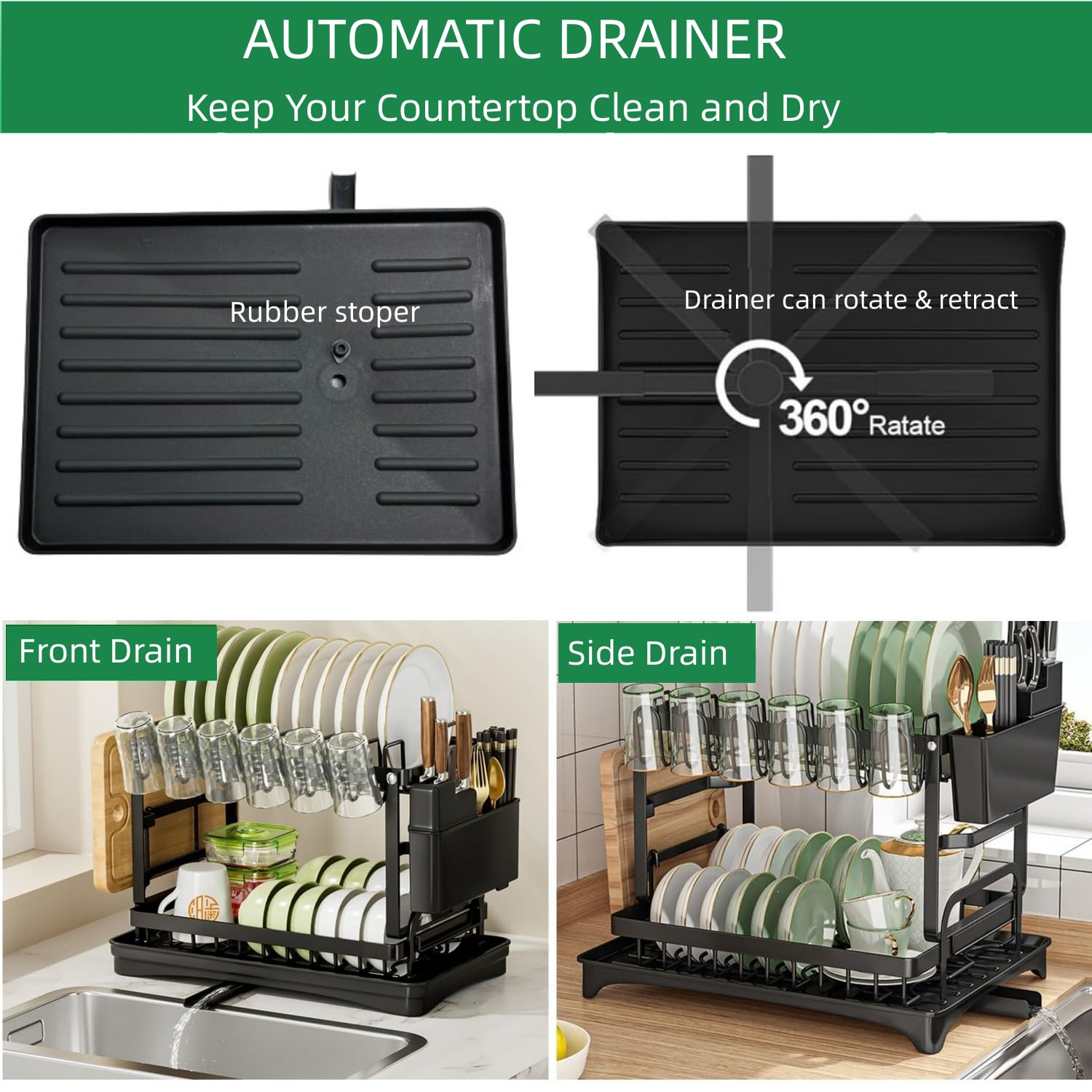 Dish Drying Rack, 2 Tier Dish Rack with Draining Tray, Rustproof Dish Drainer Racks with Detachable Utensil Holder
