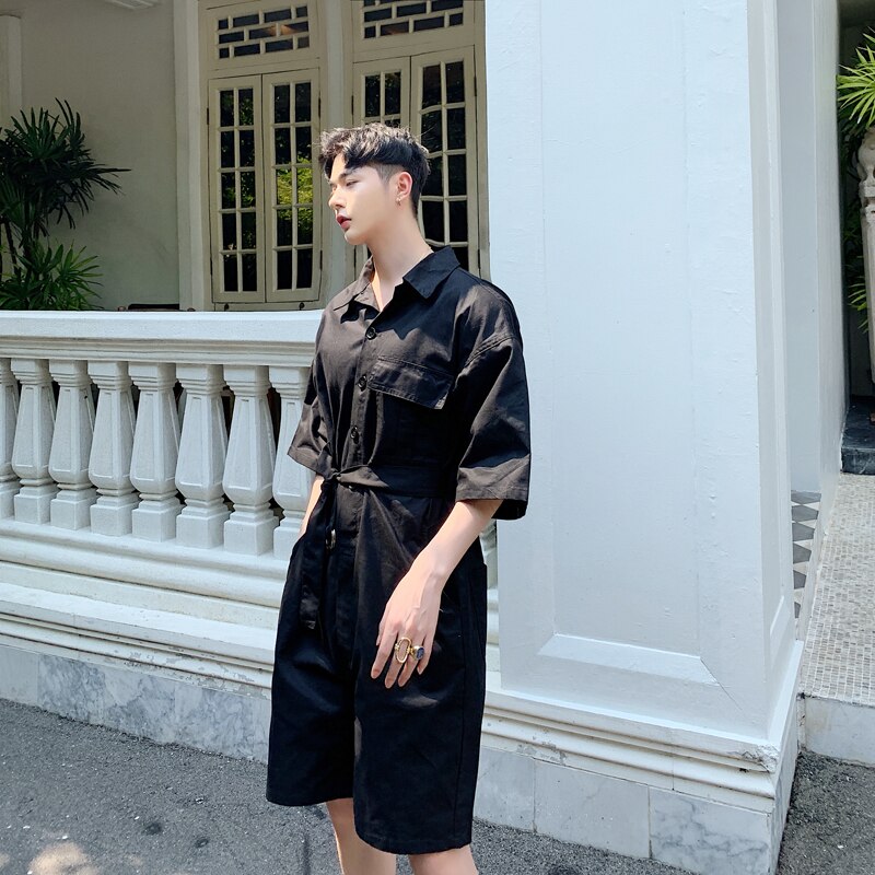 Men Jumpsuits Overalls Summer Short Sleeve Loose Casual Shirt Style Short Trouser Male Women Streetwear Hip Hop Harem Pants