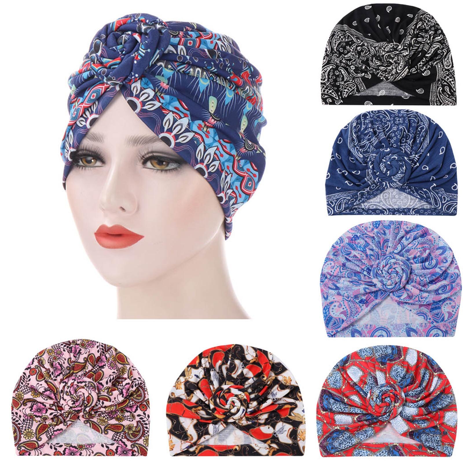 2020Fashion Women ethnic style hat scarf turban headgear cap printed Indian hat Baotou hat Muslim bottom cap mondkapjes wasbaar