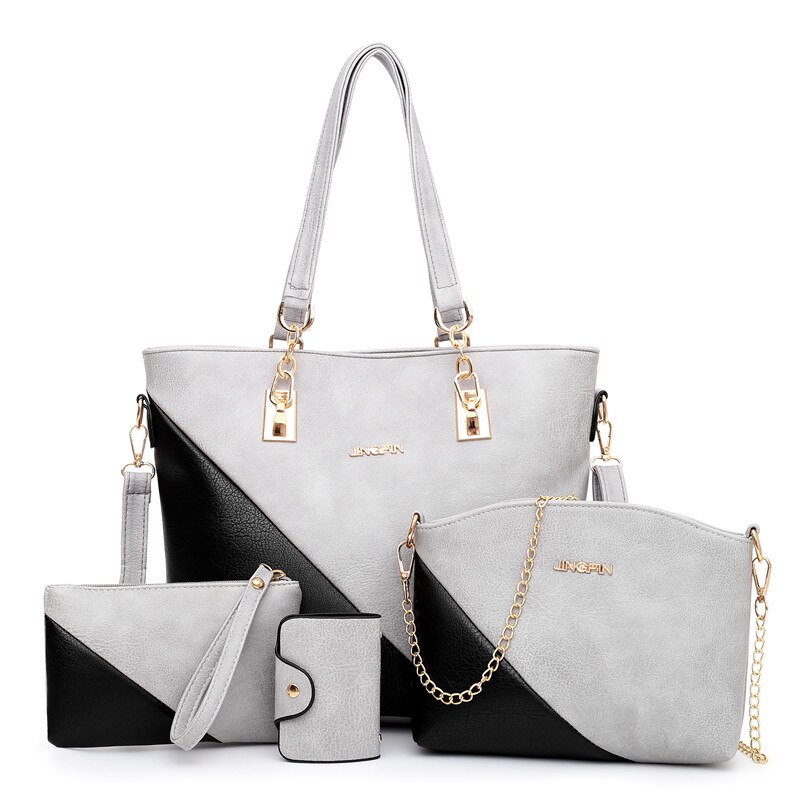 Stor kapacitet kvinder pu læder håndtasker muleposer damer 4 dele sæt skuldertaske luksus crossbody taske: Grå