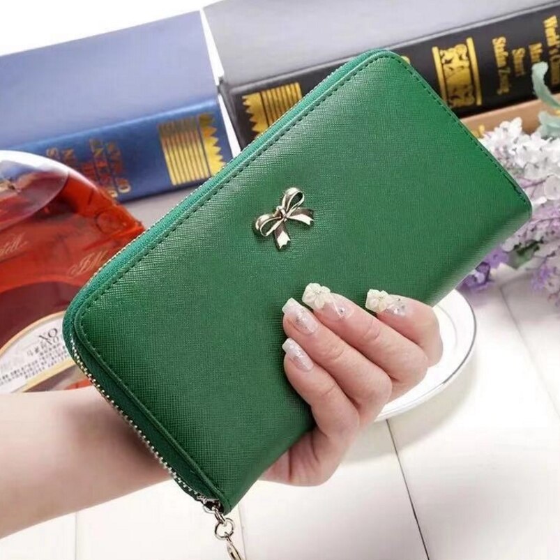 Porte-monnaie en cuir PU, porte-monnaie à grande capacité, solide, Long Style, porte-monnaie carte à glissière avec nœud papillon: Grass Green