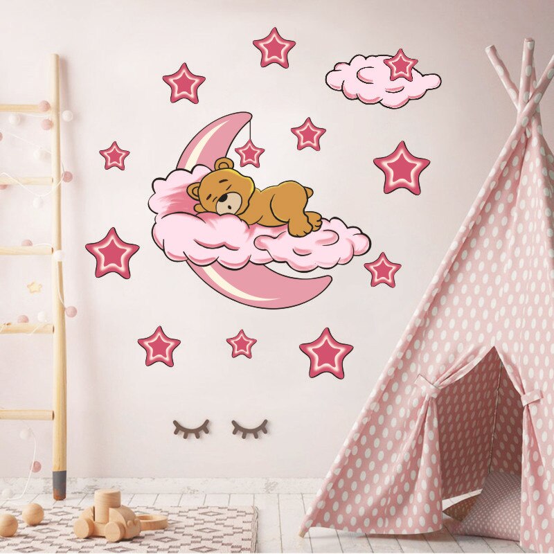 Sød månebjørn wallsticker baby børn stue vinyl mærkat sovende bjørn månestjerner &amp; måne aftageligt vægmaleri børnehave indretning