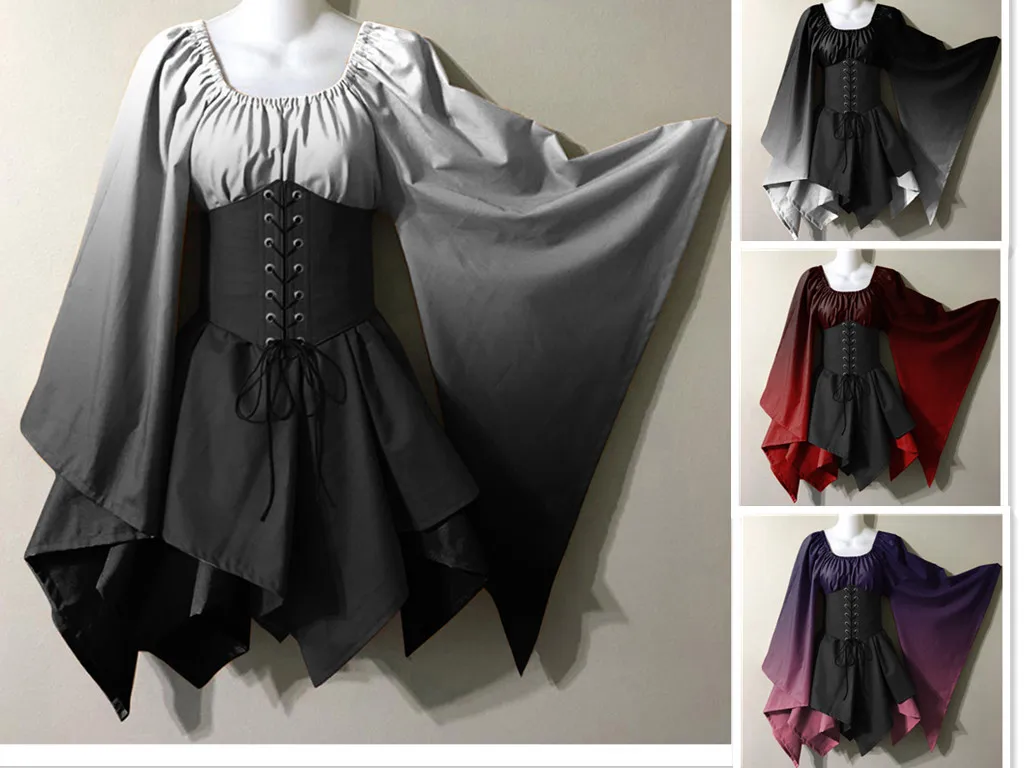 Robe de Cosplay Rétro à Imprimé Dégradé pour Femme, Tenue de Spectacle d'Halloween, Rinascimento du Moyen Âge