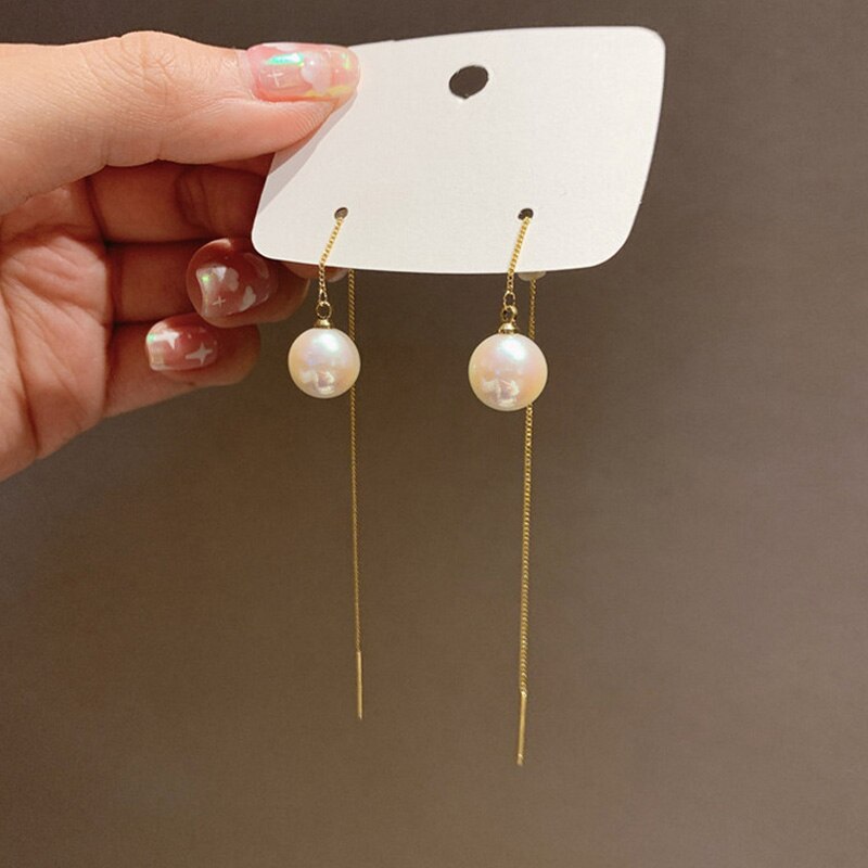 Pendientes de perlas de imitación para mujer, aretes largos con flecos, a la , elegantes, para novia y de boda: 3