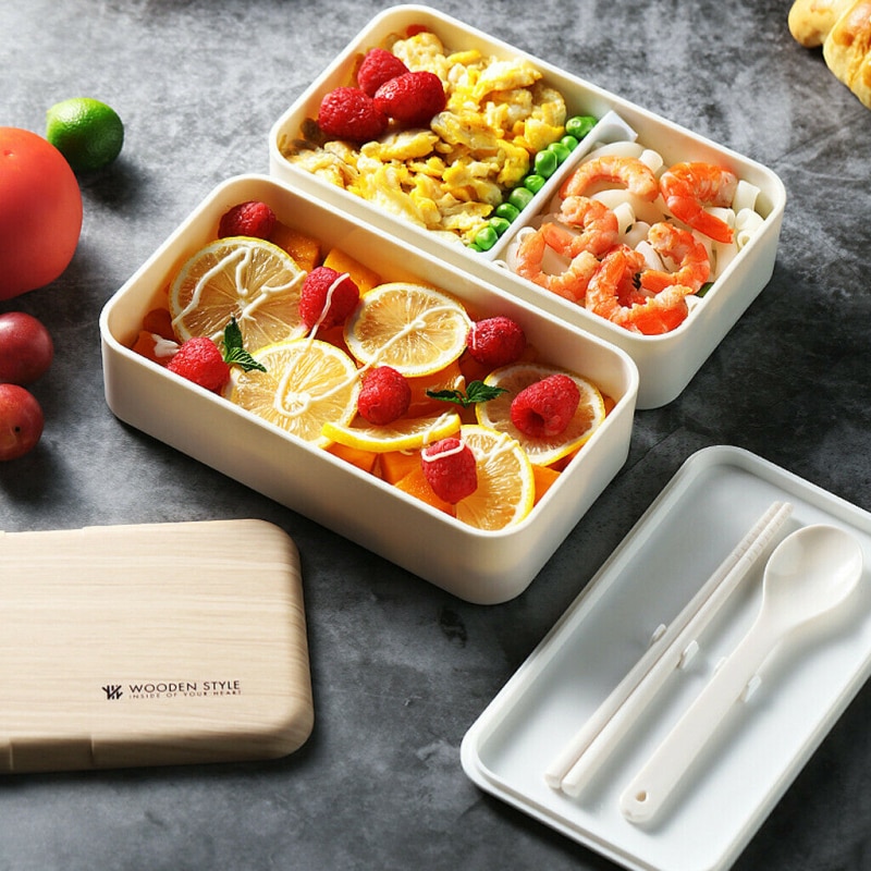 Boîte à Lunch à micro-ondes Durable | Boîte à Bento en bois japonais créative multifonctionnelle conteneur à 2 couches stockage cuisine Portable