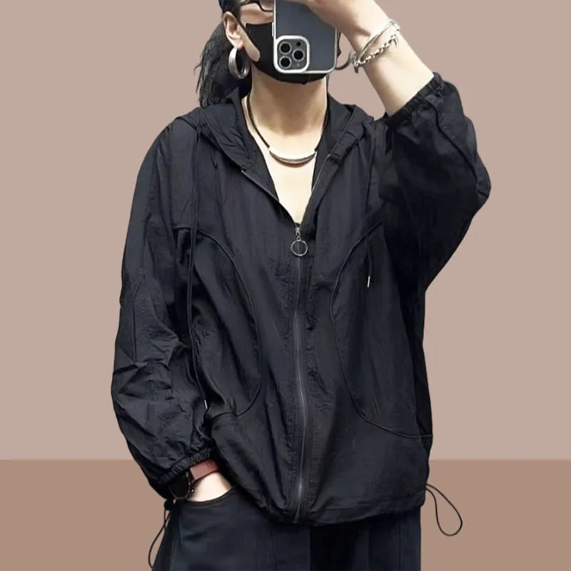 Verão nova moda feminina jaqueta praia fina protetor solar casaco de proteção uv 2023 feminino manga longa com capuz jaquetas outerwear topos: XXXL / Preto