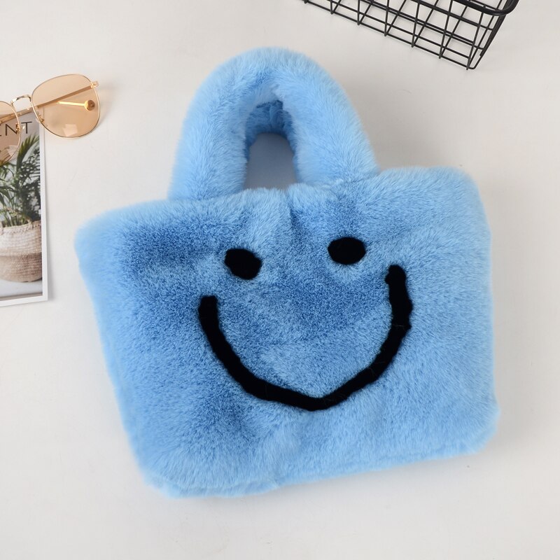 bolso de viaje de de invierno, bolso de mujer sonriente de felpa de invierno, bolso de cadena grande, bolso de mensajero, bolso de cuero suave cálido: Sky blue