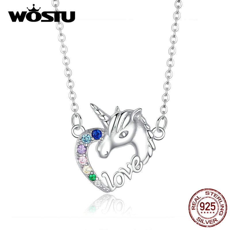 Wostu real 925 prata esterlina unicórnio do amor colares zircão pingente longo elo de corrente para o casamento feminino moda jóias cqn348