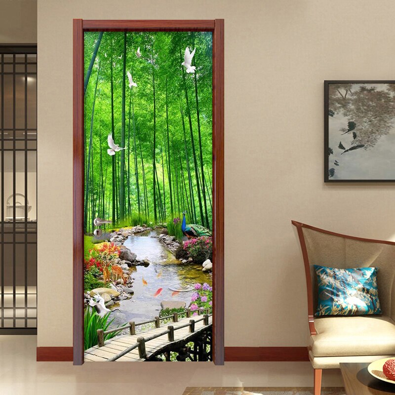 Green Bamboo Forest Painting Door Sticker Home Decor Living Room Kitchen Waterproof PVC Self-Adhesive Door Sticker Wallpaper 3 D