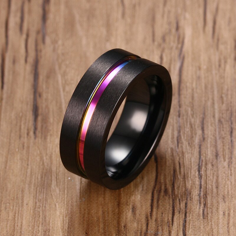 Sort sølv farve rustfrit stål ringe til mænd regnbue tynde ringe ringe bryllup band mandlige alliance smykker 8mm