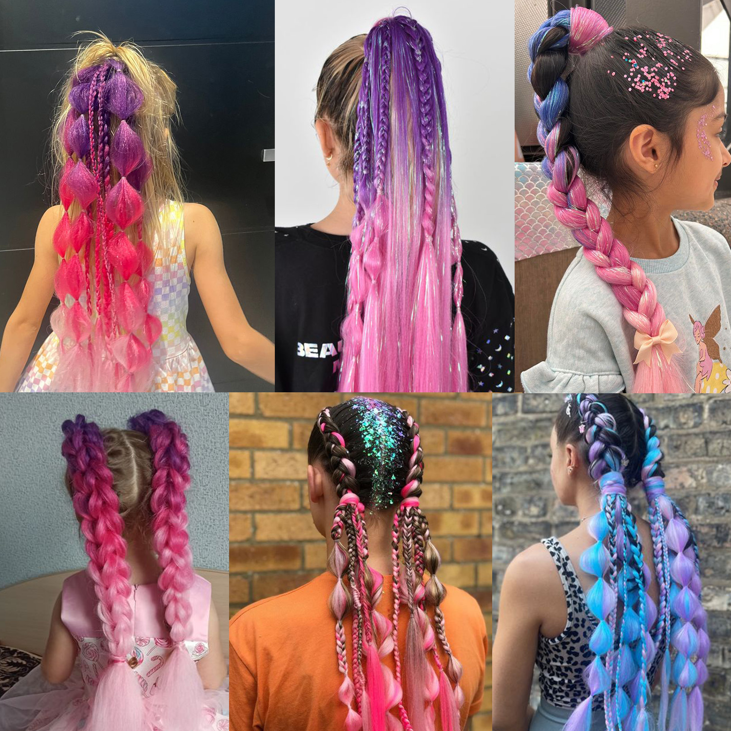 Extensão de rabo de cavalo roxo azul com laço de cabelo elástico glitter trança de cabelo para crianças meninas cabelo louco dia corajoso cabelo