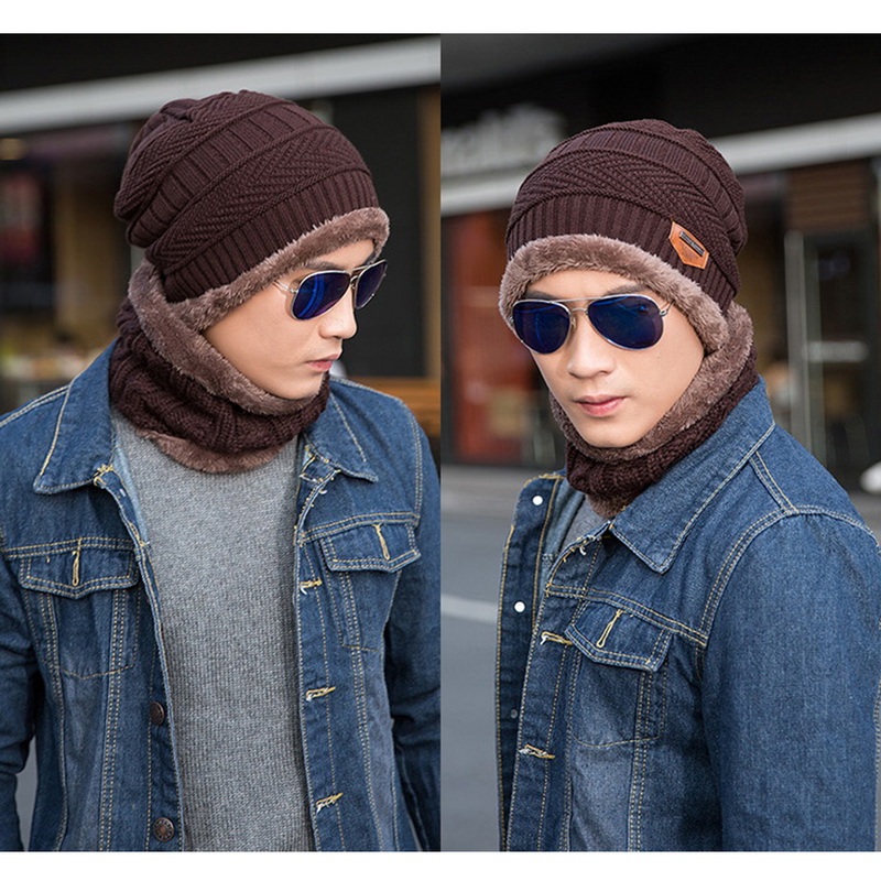 Nibesser effen gebreide mutsen, muts, sjaal plus fluwelen wintermuts, man, vrouw, warme, dikke muts, ski, zachte sjaals, muts, sjaalset