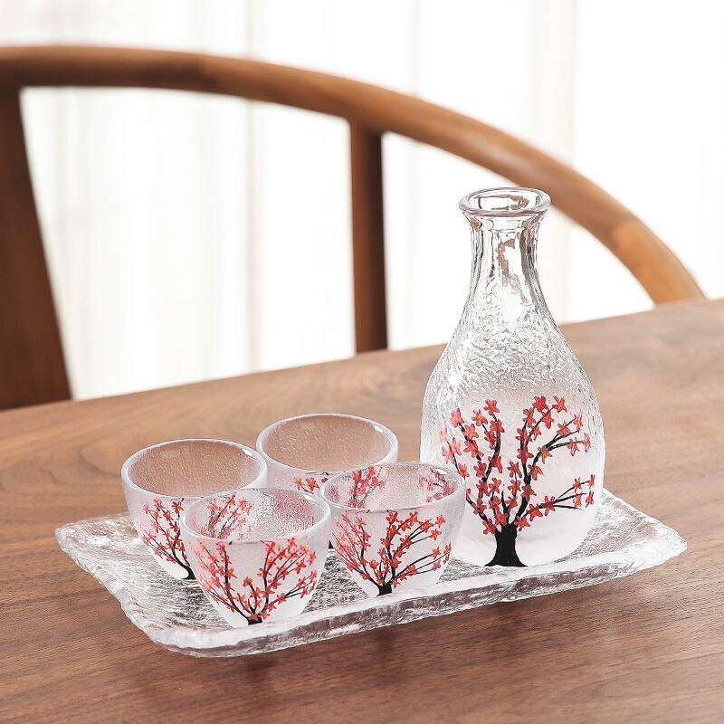 Japanese Sakura Sake Bottle Small Wine Glass Liquor Glass Wine Set Shochu Wine Cup Household Sake Warm Sake Bottle: group 4 glass tray