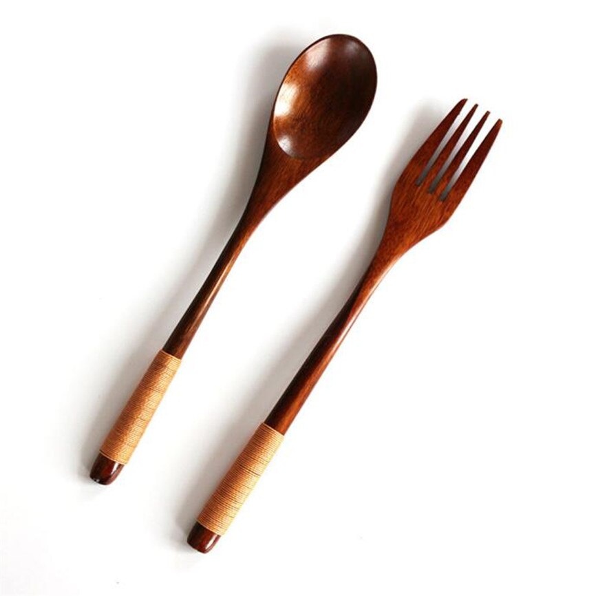 Colher de madeira de bambu cozinha utensílios de cozinha ferramenta sopa colher de chá catering colher de madeira + garfo de madeira: Khaki