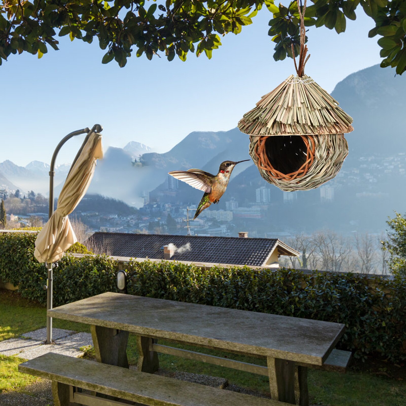 Outdoor Hummingbird House Hand Woven Straw Rope Bird Nest Outdoor Bird Nest Hideaway Roosting Pockets For Butterfly Finch Canary