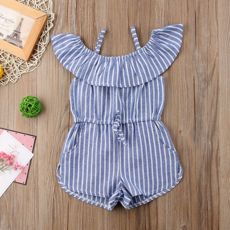 1-6y småbørn baby piger dejlige sommer overalls romper kort længde off skulder blå stribet elastisk talje overalls
