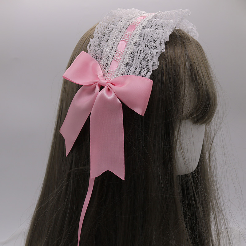 Petit bandeau Lolita japonais fait à la main, ornement pour cheveux de femme de ménage, clip latéral, accessoires pour cheveux doux: White Lace And Pink