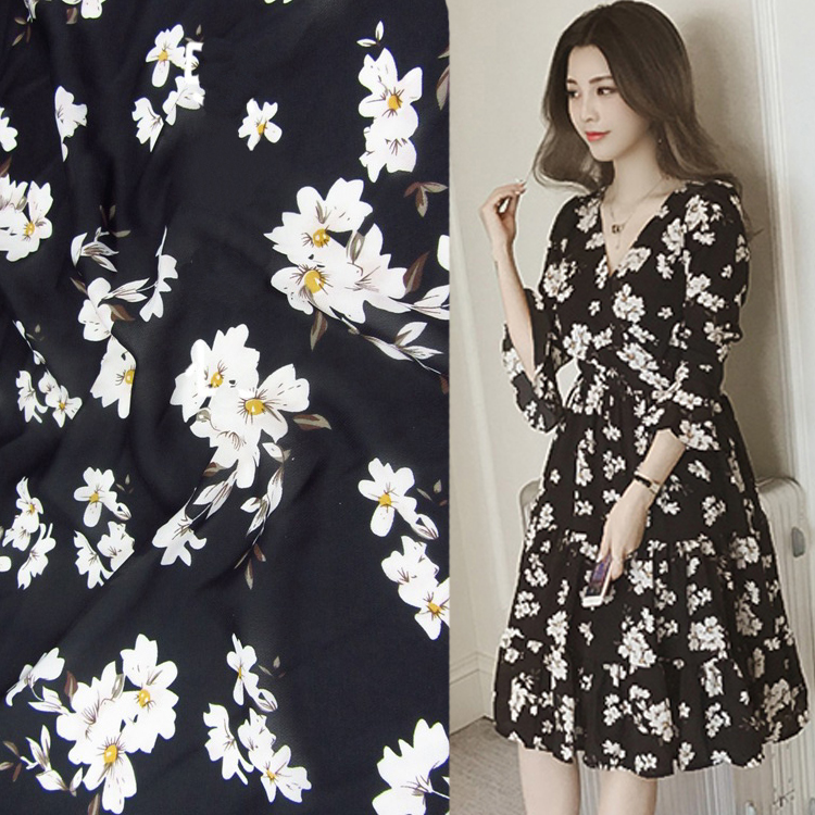 Magnolie blume gedruckt stoff Meter 145 cm nicht-perspektive Chiffon stoff Material weiche schal kleid schwarz stoff Art stoffe