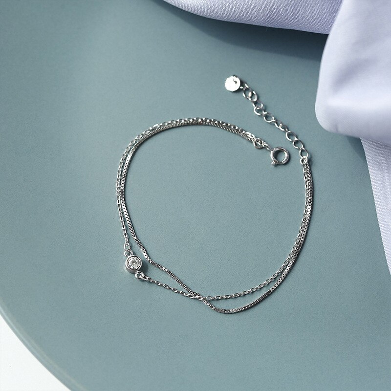 Pulsera de cadena de plata de ley 925 para mujer, brazalete con abalorios de diamantes redondos de doble capa, joyería para mujer