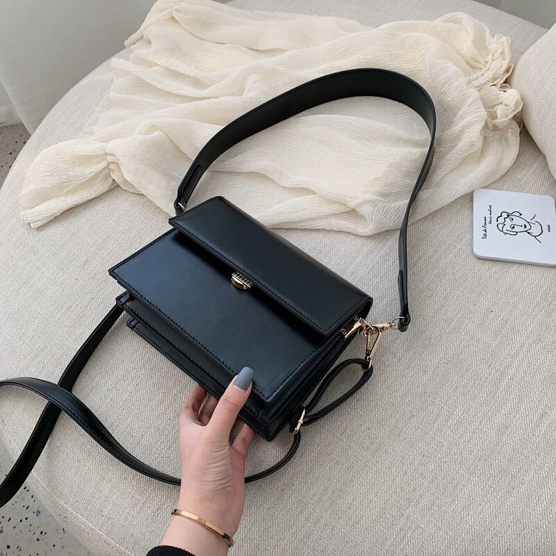 Rétro décontracté rabat carré sac nouvelle en cuir PU femmes concepteur sac à main large bandoulière sacs à bandoulière: Black