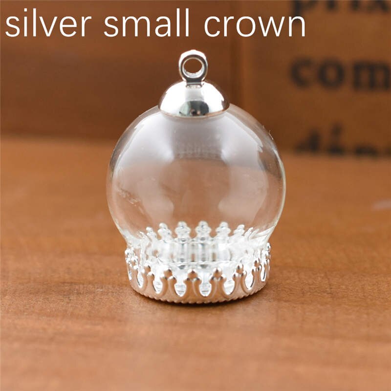 5set 20*15mm hollow glass globe with setting base beads cap set orb glass vials pendant glass bottle jewelry pendant: silver small crown