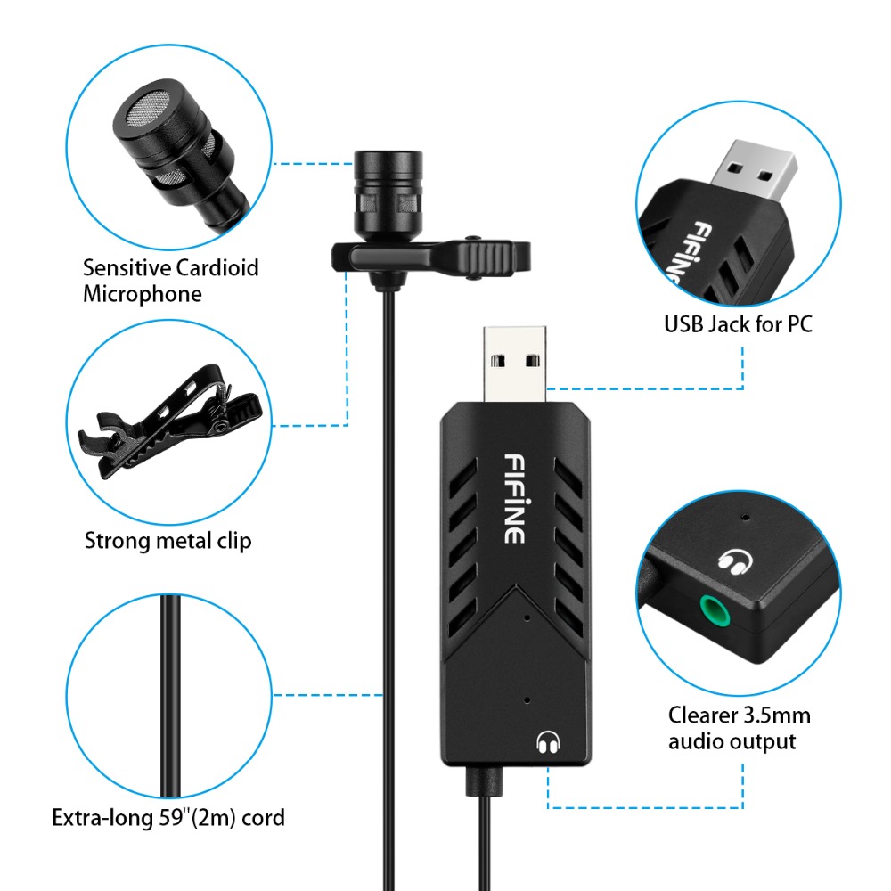 FIFINE Lavalier Clip-on Cardioid Condenser Computer mic plug and play USB Microphone With Sound Card for PC and Mac -K053