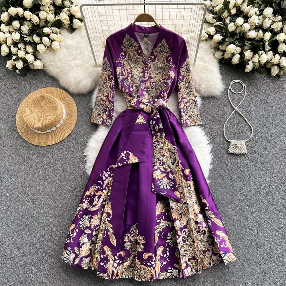 Jamerary Blumen druck Urlaubs kleid Frauen Palast Stil hoch-Ende elegante Promi Midi- Langarm Vestidos: L / Lila