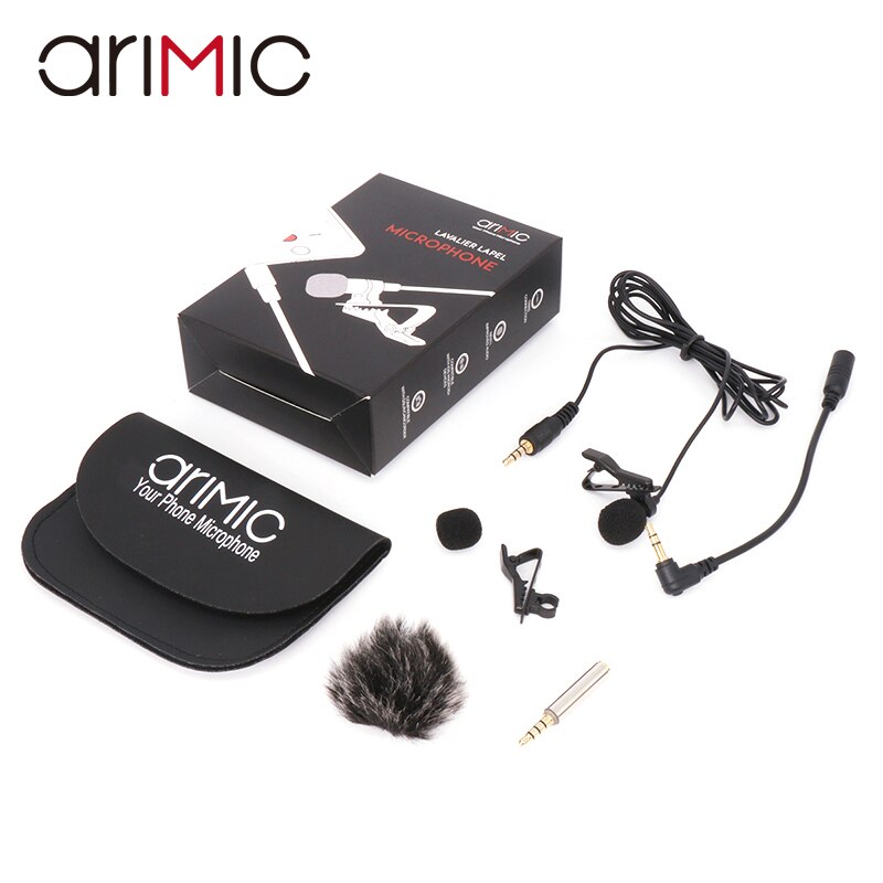 Arimic Lavalier Revers Clip-On Omnidirectionele Condensator Microfoon Kit Met Kabel Adapter &amp; Voorruit Voor Iphone Samsung