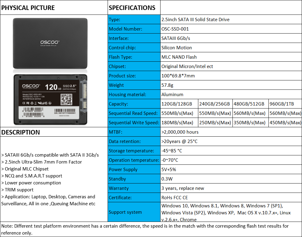 Oscoo 2.5Inch SSD 120GB SATAIII Black Metal Case SSD 240GB 480GB SSD Hard Drive Disk Disc Solid State Disks Internal SSD