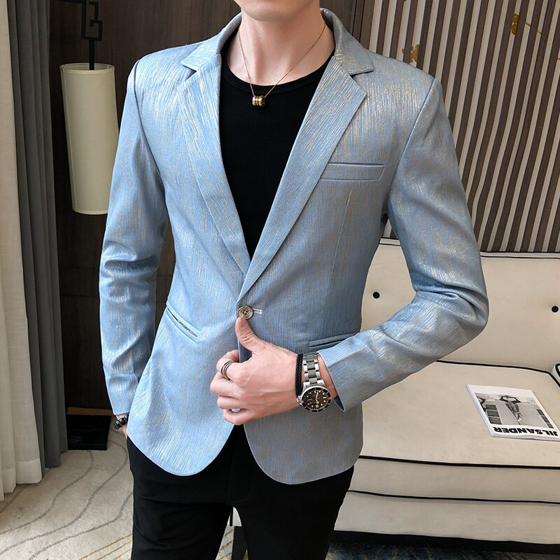 men's Blazer Casual Slim Fit Shiny Grain Prom Dress blazers Male Korean Style Solid Suit Jacket Youth Clothes: sky blue / AsianXXXL(65-75kg)