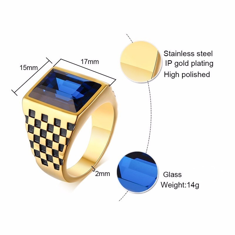 Chevalière homme motif damier ton or et coupe bleu CZ acier inoxydable Rectangle Royal bijoux