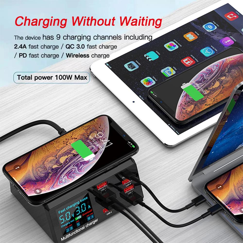 QC3.0 Intelligente Senza Fili del Caricatore del USB 100W 8 Porte Veloce Stazione di Carica del Caricatore del USB PD Veloce del Caricatore Per il iPhone Samsung huawei Tablets