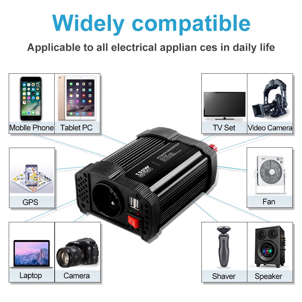 BYGD Power Inverter 150W 12V DC to 220V-240V AC Converter with EU socket and 2x1.0A USB Ports Car Inverter