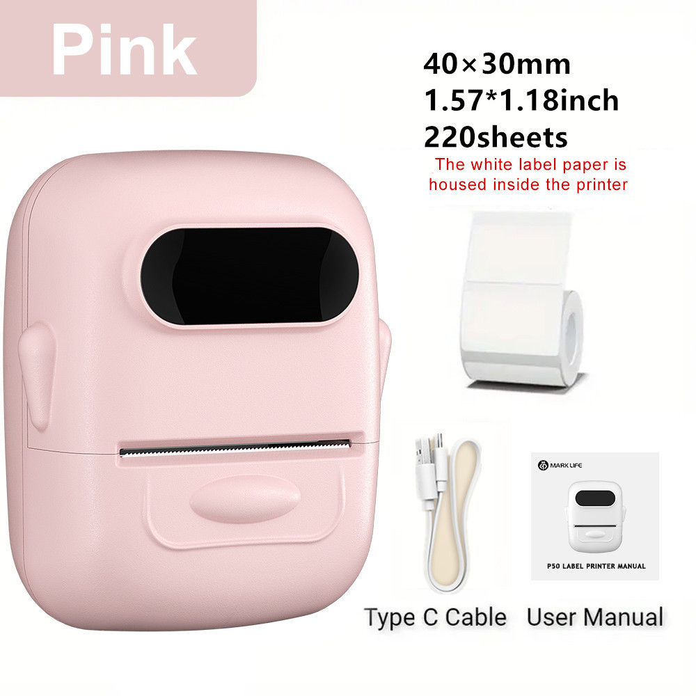 Draadloze labelprinter P50 Inktloze Bluetooth Thermische Label Maker Zelfklevende Label Sticker Machine DIY Patroon Barcode QR Code Tape: Roze