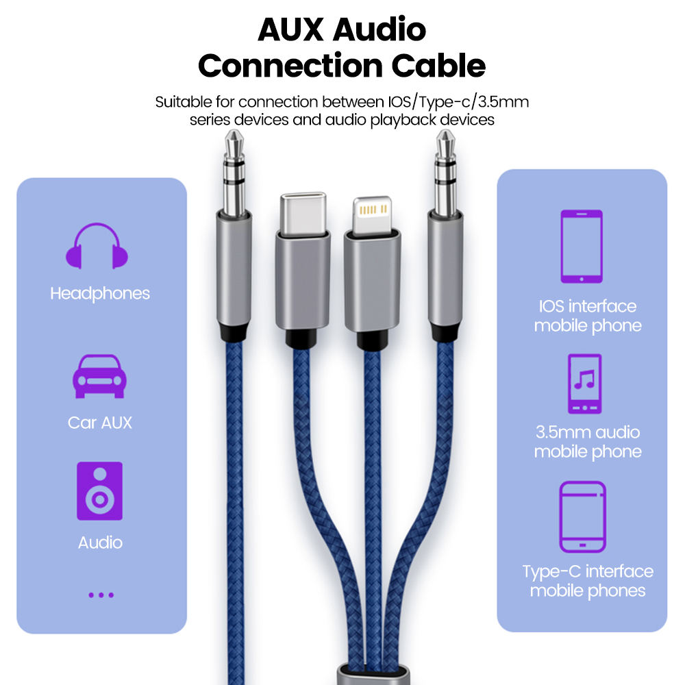 3 in 1 Type C 3,5 mm Jack Aux-kabel naar IOS-audiokabeladapter voor iPhone iPad Autoluidspreker Man-Man USB-C-converterkabel