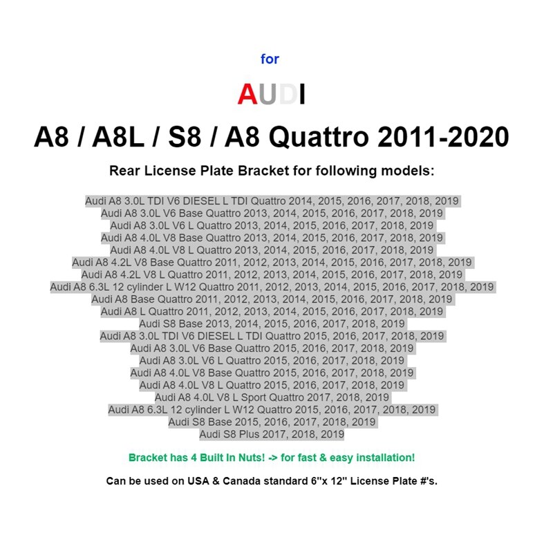 Kit de montaje de marco de soporte de placa de matrícula trasera para-A8/A8L / S8 + tornillos + llave completamente nueva