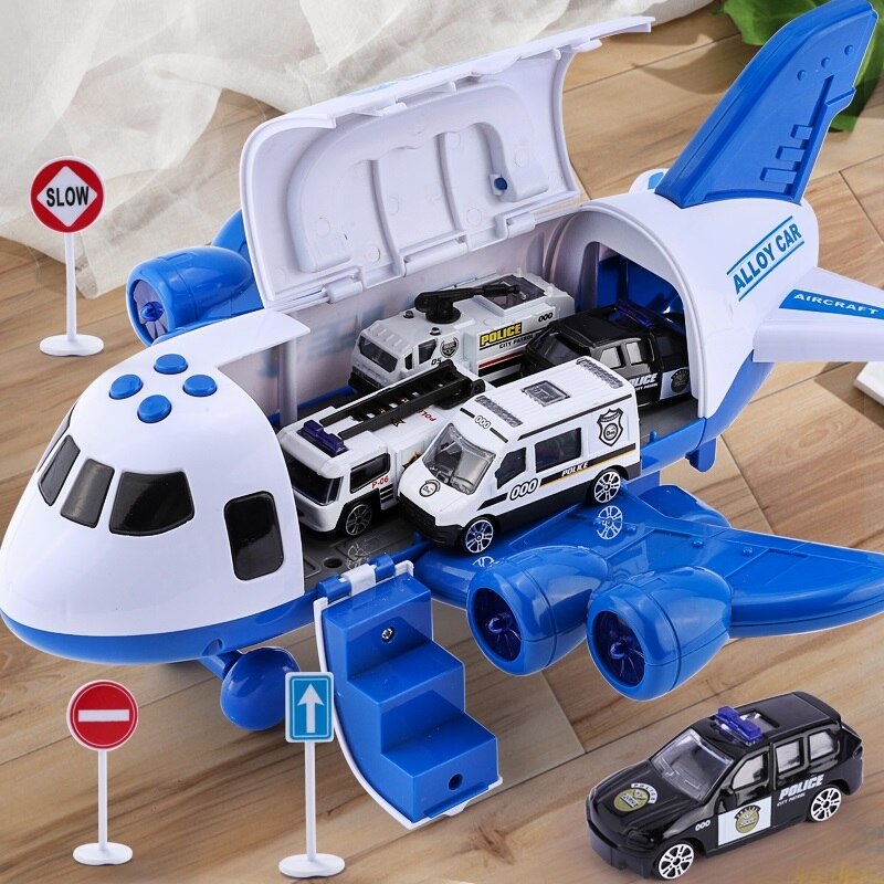 Car Toys for Boys with Transport Cargo Airplane and Large Play Mat Educational Vehicles Sound and light portable Road sign toy