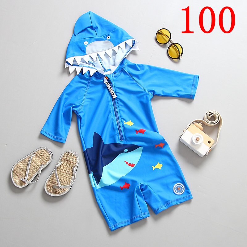 Children's Swimwear Hooded One Piece Toddler Baby Swimsuit 3/4 Sleeve Shark Blue Kids Bathing Suit Beachwear Indoor Swim Clothes: SIZE 100