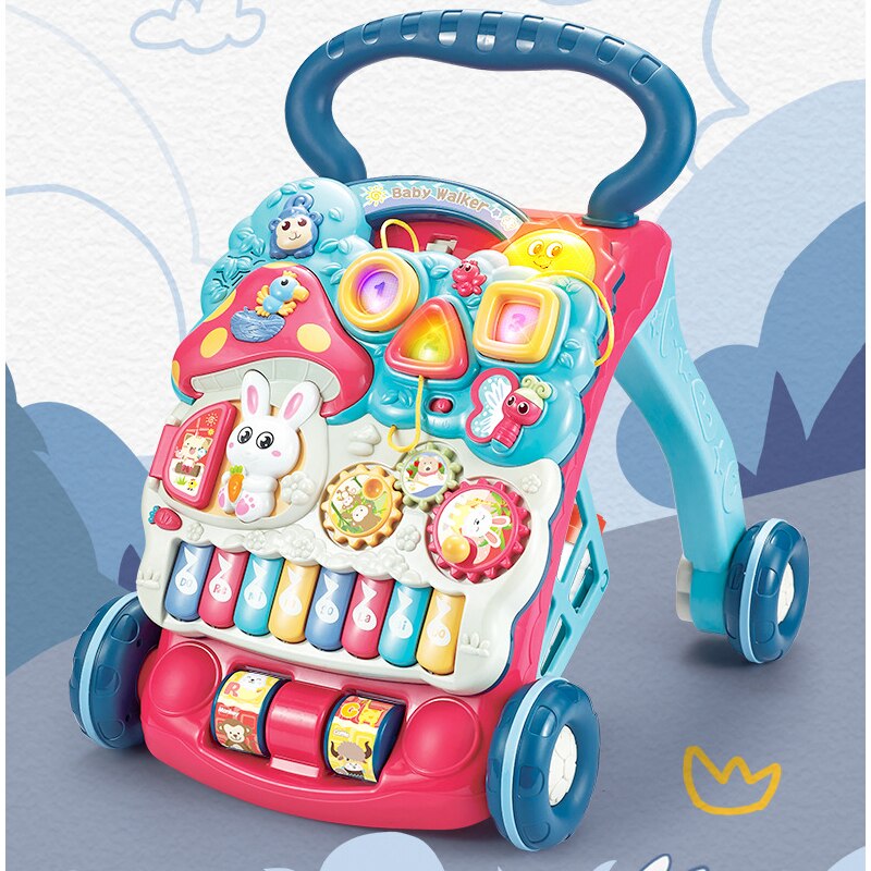 Multifunctional Baby Walker Stand-to-Sit Trolley Toddler Learning Walk with Early Music Education piano