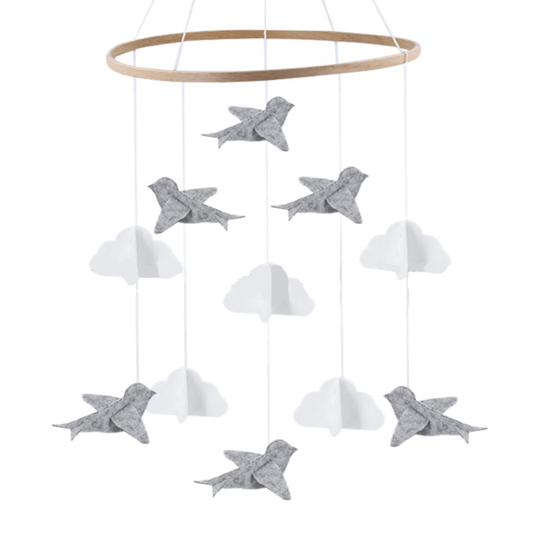 Baby Crib Mobile Vogels & Wolken Vilt Nursery Plafond Decoratie Voor Meisjes & Jongens Grijs & Wit