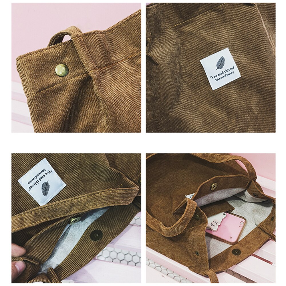Herald femmes velours côtelé sac à provisions solide toile femme sac à bandoulière environnement stockage sac à main réutilisable fourre-tout sacs