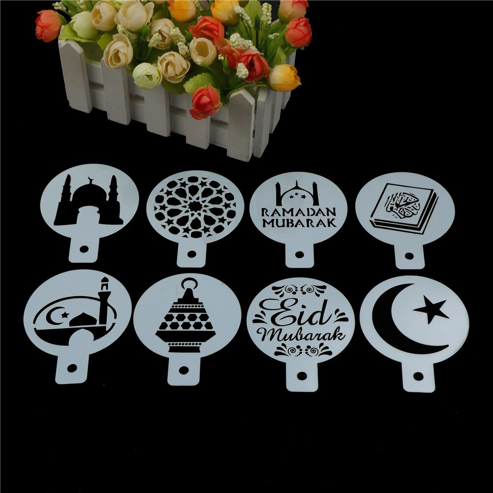 Eid moubarak Ramadan blanc en plastique café impression modèle Spray pochoir Fondant gâteau Biscuits décoration outils 8 pièces/ensemble