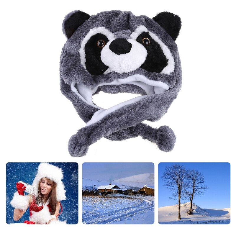 Unisex Winter Fuzzy Pluche Wasbeer Dier Hoed Met Pompom Lange Bandjes Sneeuw Ski Warme Oorklep Beanie Cap Cosplay Kostuum