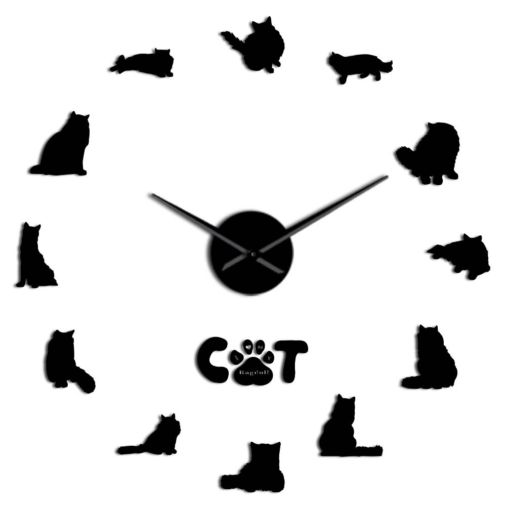 Ragdoll Cat DIY Large Size Mirror Effect Wall Clock Cat Breeds Kitten Cat Paw Stickers DIY Wall Art Frameless Giant Wall Clock: Black / 27 Inch