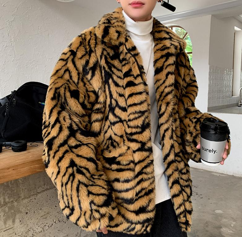 Abrigo con patrón de tigre de imitación para hombre, ropa de calle gruesa de manga larga, chaqueta con estampado de leopardo, talla grande, J327