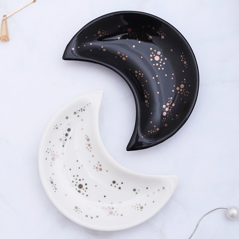 Ceramic Moon Shape Small Jewelry Dish Earrings Necklace Ring Storage Plates Fruit Dessert Display Bowl Decoration Tray