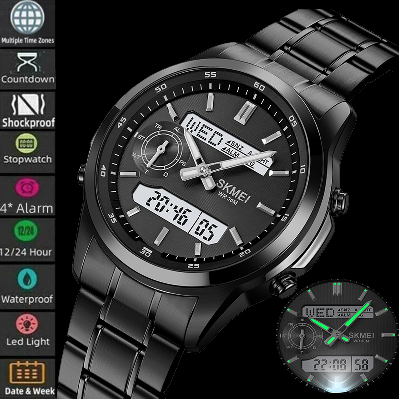 Skmei Herren-Sportuhren mit mehreren Zeitzonen, analoge Digitalanzeige, LED, wasserdicht, Quarz, elektronische Armbanduhr, 4 Wecker