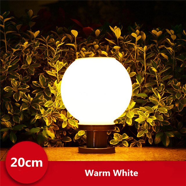 Led rund boll rostfritt stål solar stolpe lampa utomhus  ip65 vattentät kolumn huvud ljus för trädgård villa pelare trädgård hotell: Varmvit -20cm / Silverbas