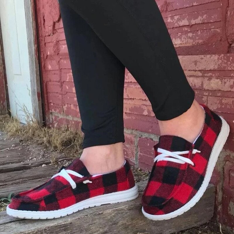 Buffalo Plaid Slip On Shoes Flat Sole Lace up Casual Canvas Shoes for Women Christmas FS99