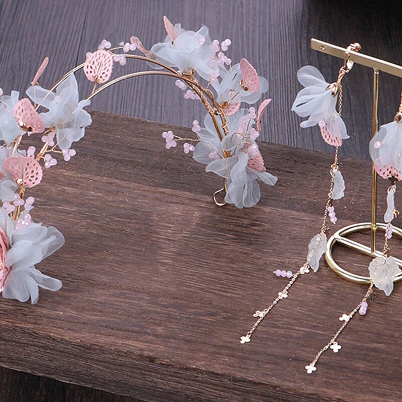 FORSEVEN Chinese Dress Headdress Set Flowers Crystal Hairband Long Fairy Tassels Dangle Earrings Bridal Wedding Jewelry Sets